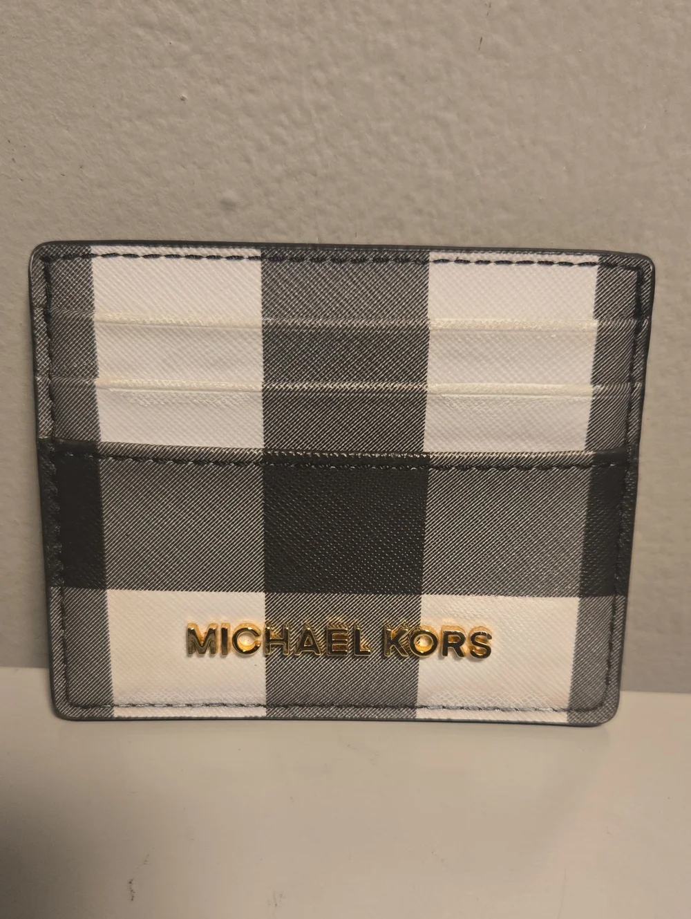 Michael Kors Black and White Check Card Case with Gold Logo